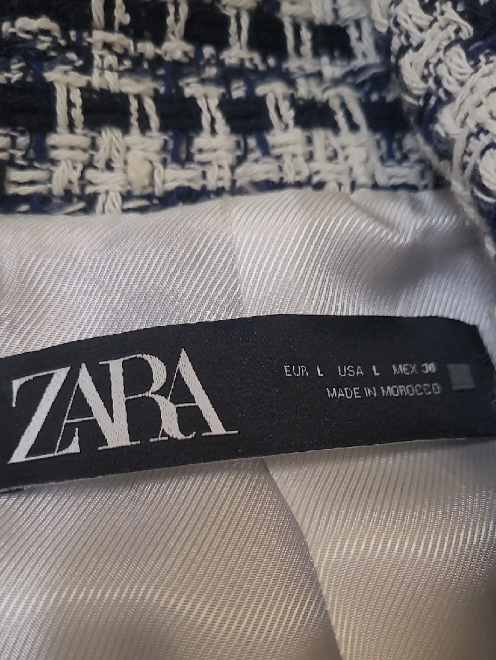 ZARA Navy and White Tweed Double-Breasted Crop Blazer